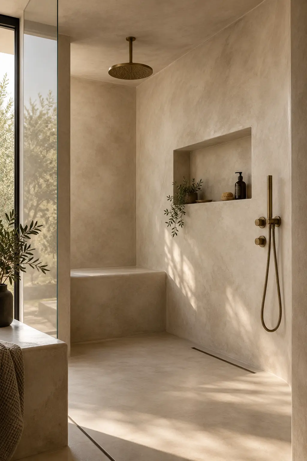 Warm seamless microcement plaster shower with bench and niche