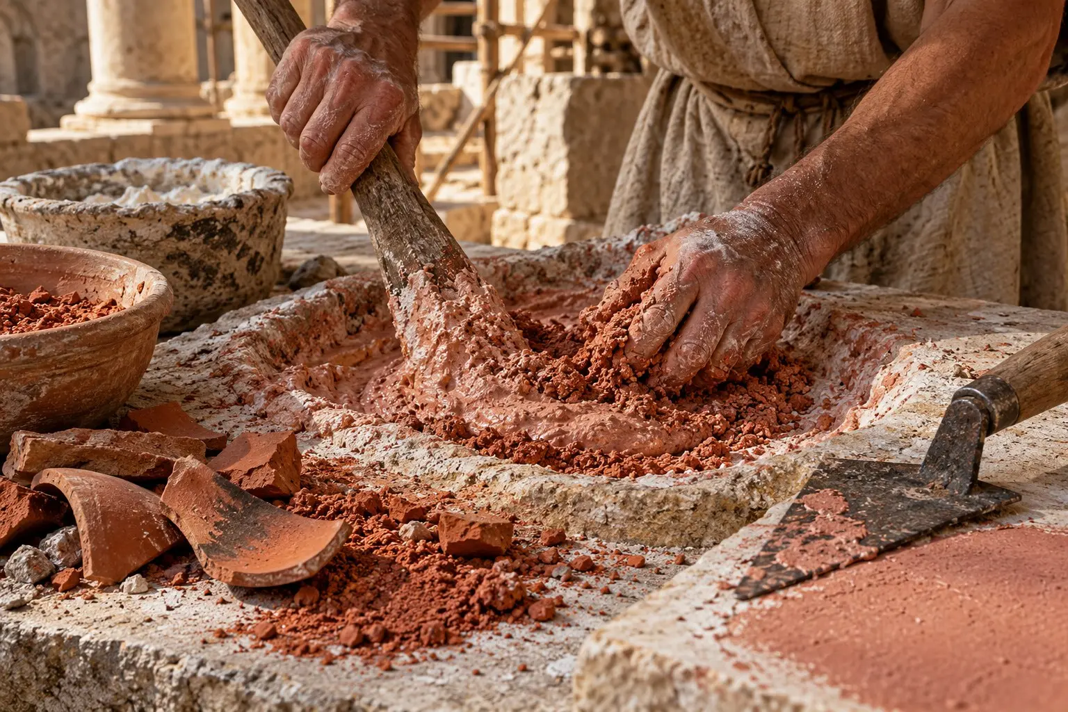Close view of crushed terracotta being mixed into lime to make cocciopesto