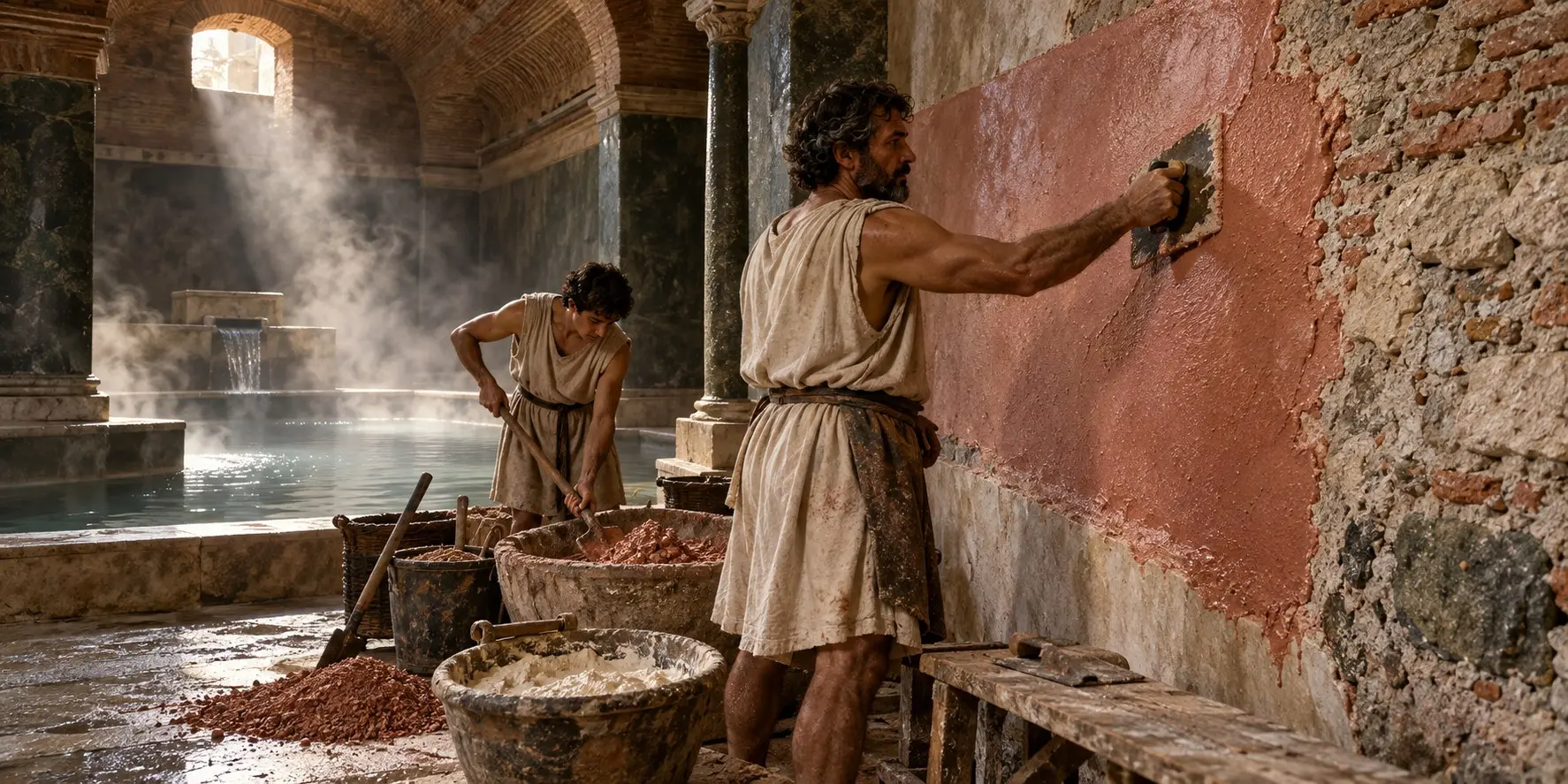 Historical rendering of a Roman artisan applying cocciopesto in a bath